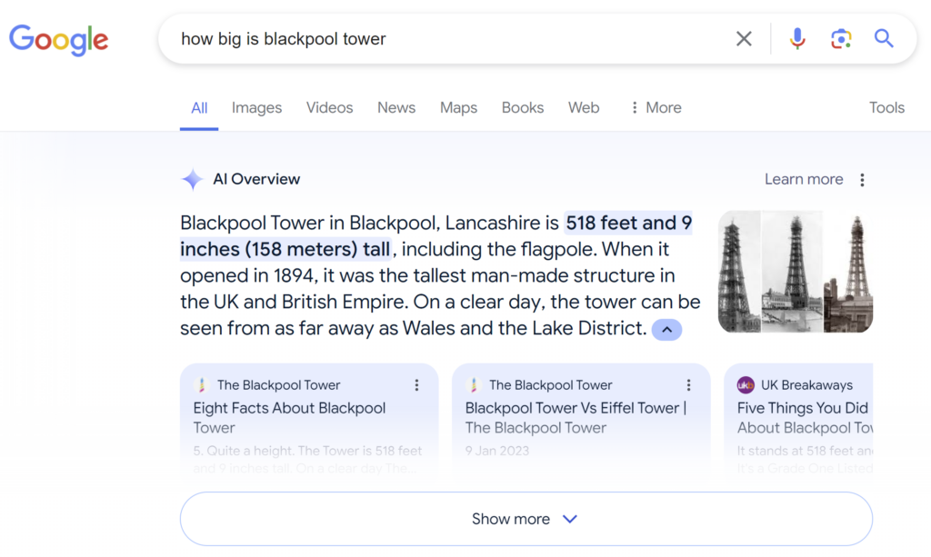 Google AI Overviews Blackpool tower height